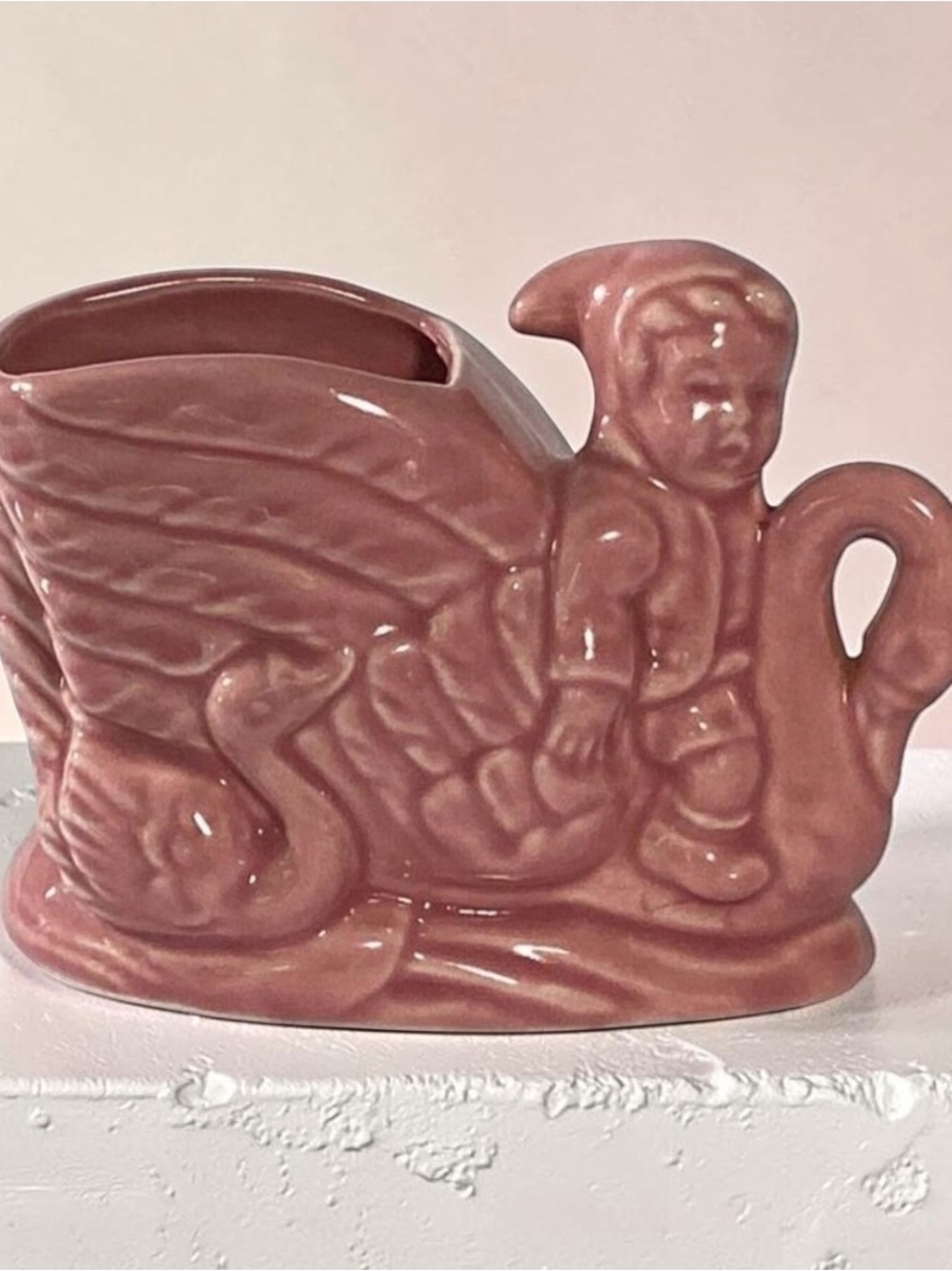 Elf Pixie Riding A Swan with Baby Swan behind Pink Vtg Planter